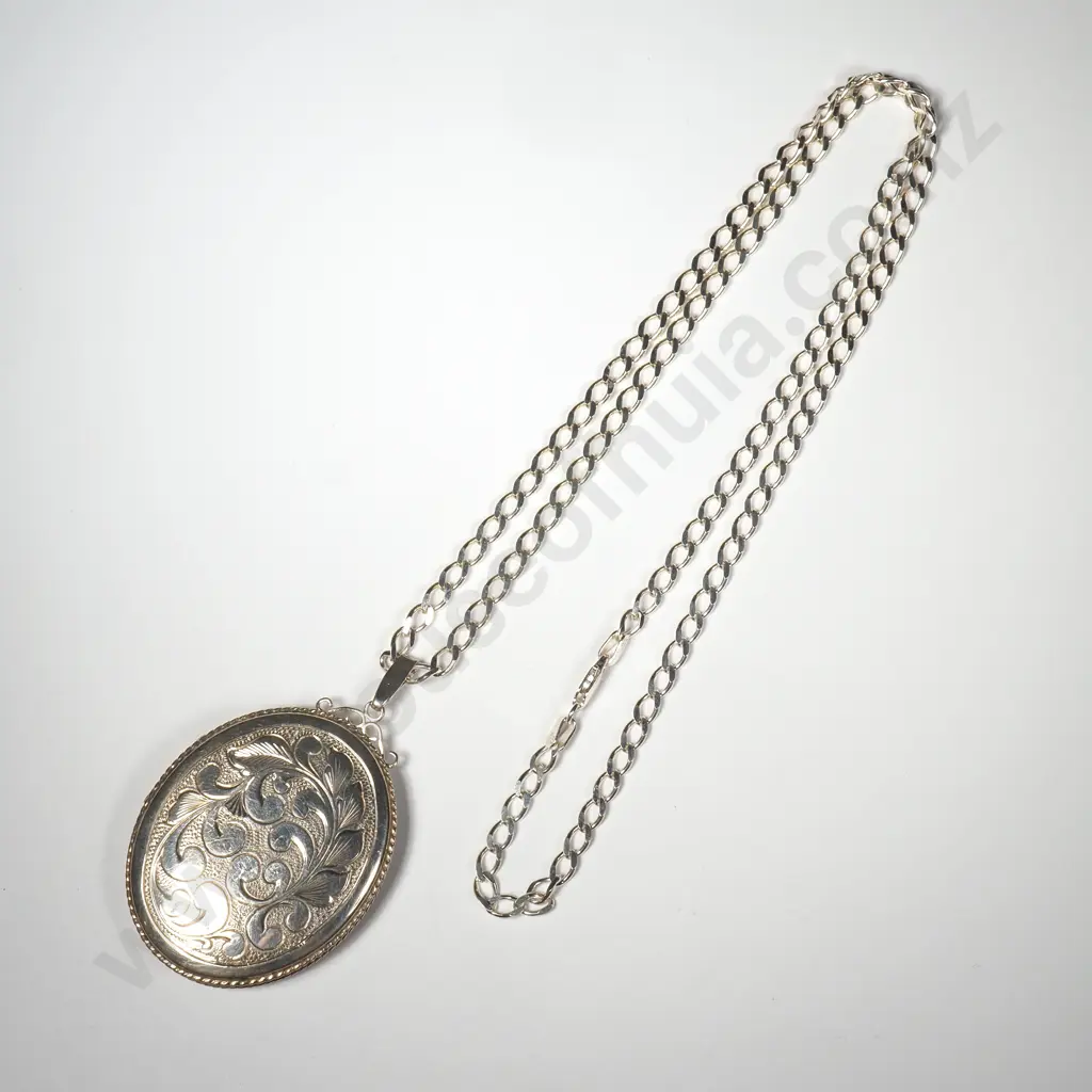 Large Engraved Sterling Silver Locket on Sterling Silver Chain Image 1++