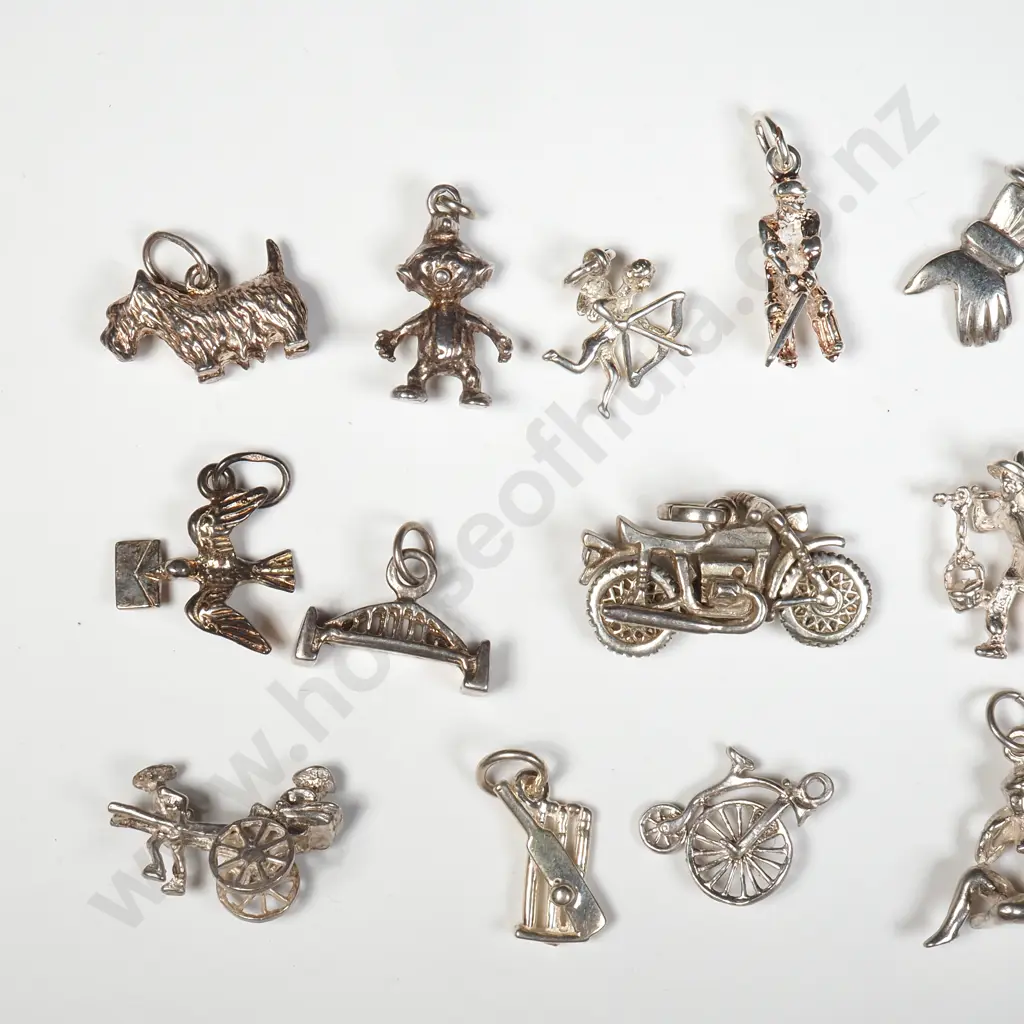 Seventeen Sterling Silver Charms to Include a Motorbike, Kiwi & Dolphin Image 1++