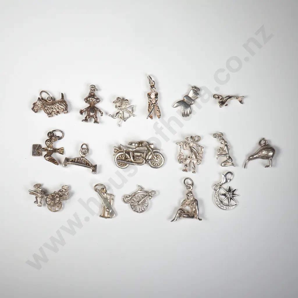 Seventeen Sterling Silver Charms to Include a Motorbike, Kiwi & Dolphin Image 1++