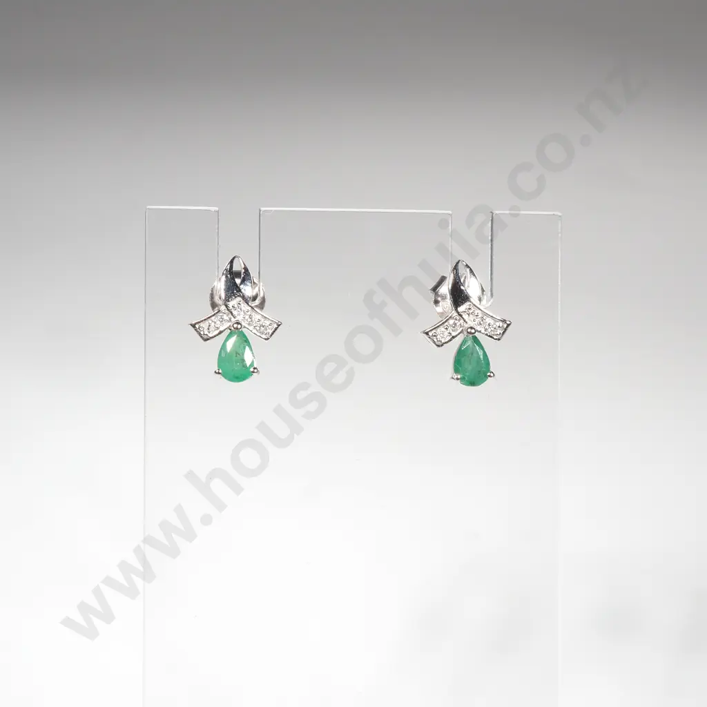 Sterling Silver Emerald & Diamond Stud Earrings Image 1++