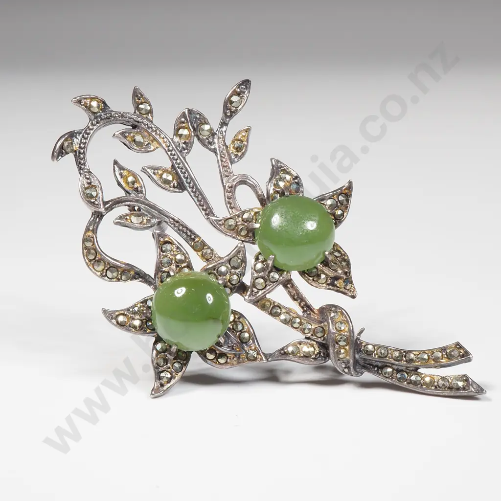 Vintage Sterling Silver & Marcasite Brooch w Two Cabuchon Greenstones Image 1++