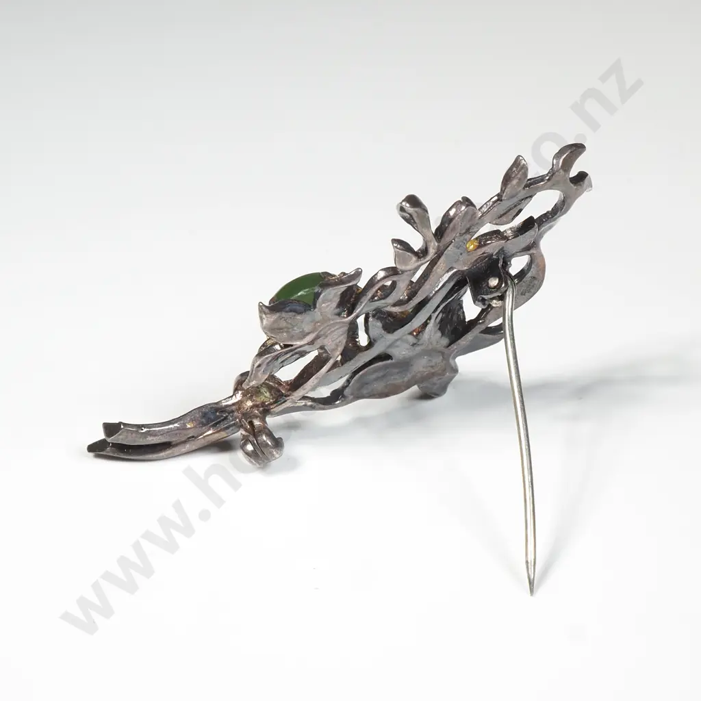 Vintage Sterling Silver & Marcasite Brooch w Two Cabuchon Greenstones Image 1++