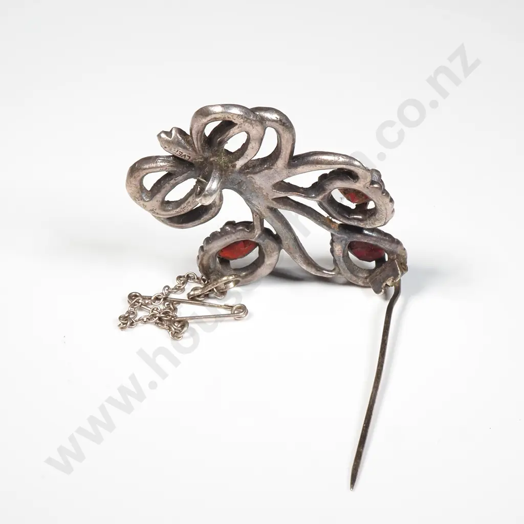 Vintage Sterling Silver & Marcasite Brooch Set w Three Garnets Image 1++
