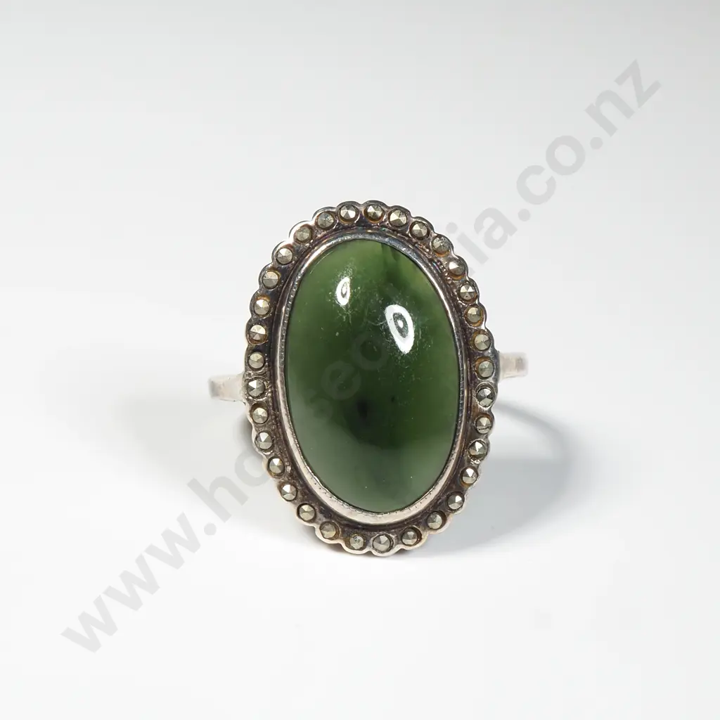 Vintage Sterling Silver & Marcasite Ring Set w Greenstone Image 1++