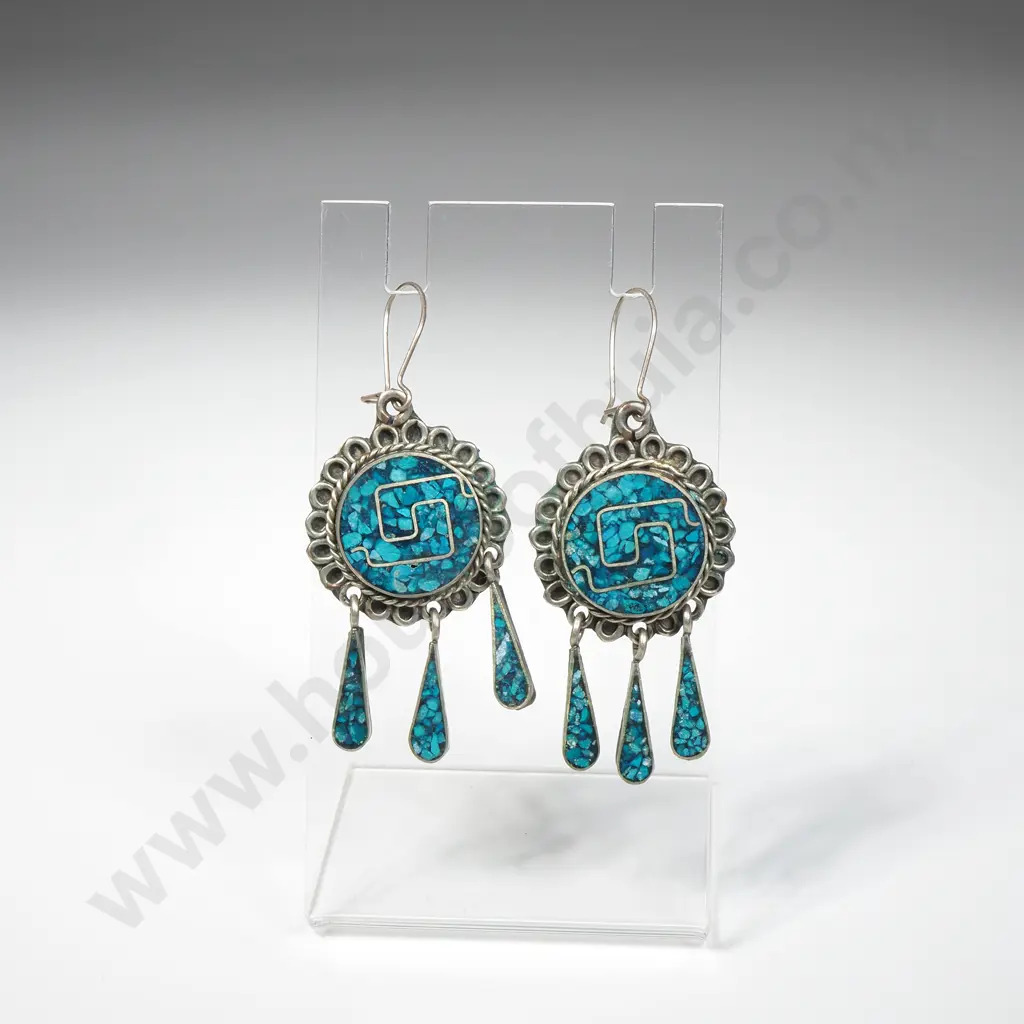 Pair of Sterling Silver & Turquoise Drop Earrings Image 1++