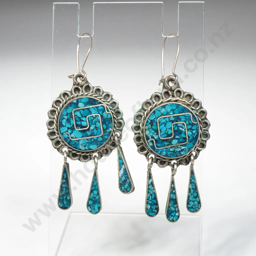 Pair of Sterling Silver & Turquoise Drop Earrings Image 1++
