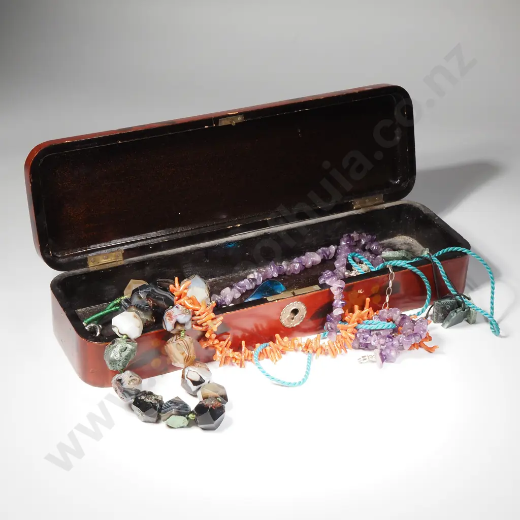 Assorted Stone & Coral Necklaces in Vintage Japanese Lacquer Box Image 1++