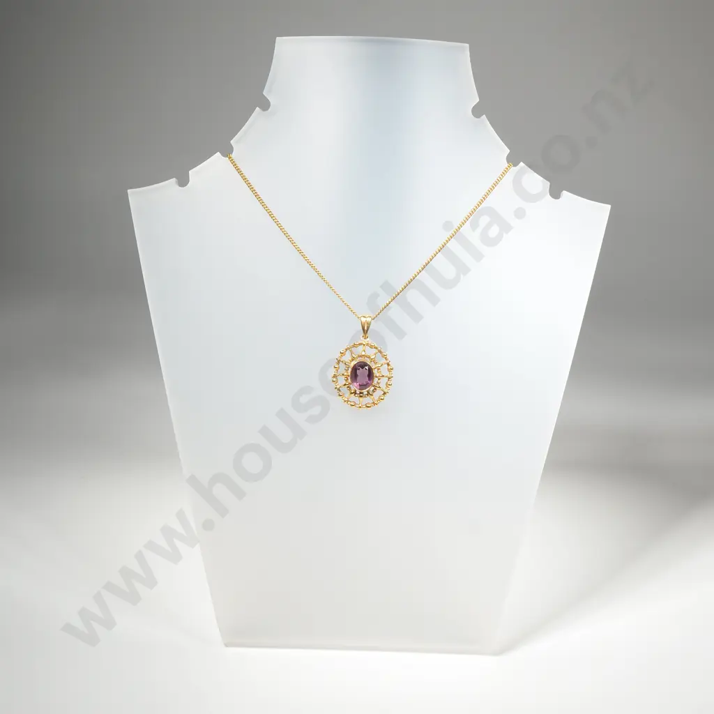 Vintage Rolled Gold Pendant w Purple Stone on RG Chain Image 1++