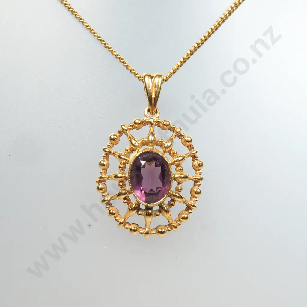 Vintage Rolled Gold Pendant w Purple Stone on RG Chain Image 1++