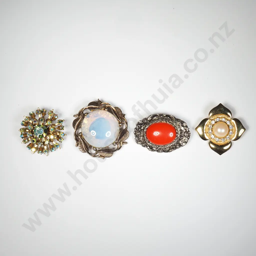 Four Costume Brooches Inset w Stones & Faux Pearl Image 1++