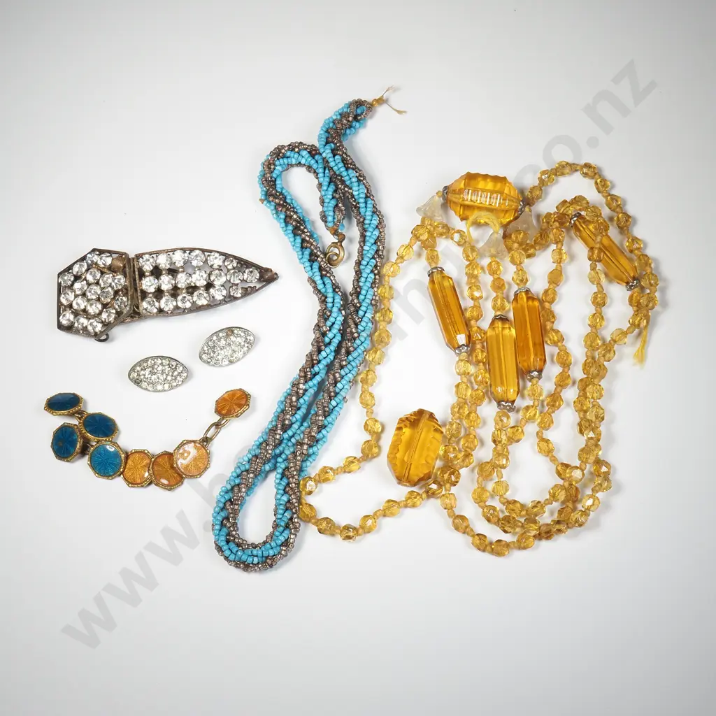 Vintage Yellow Crystal  Necklace, Handmade Beadwork Necklace , Costume Jewellery Dress Clip, Two Pairs of Cufflinks Image 1++