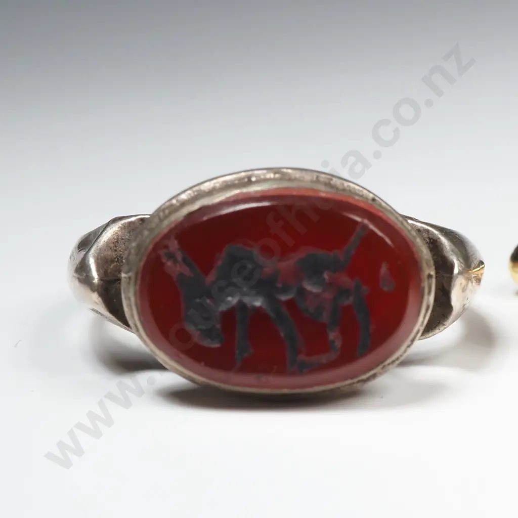 Gold Plated Cufflinks w Crest & Silver Tone Ring Oval Carnelian Intaglio Stone Image 1++