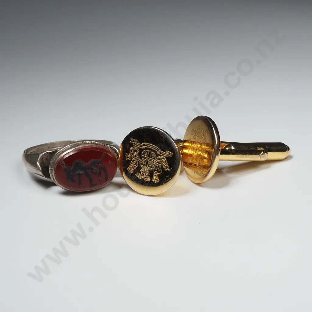 Gold Plated Cufflinks w Crest & Silver Tone Ring Oval Carnelian Intaglio Stone Image 1++