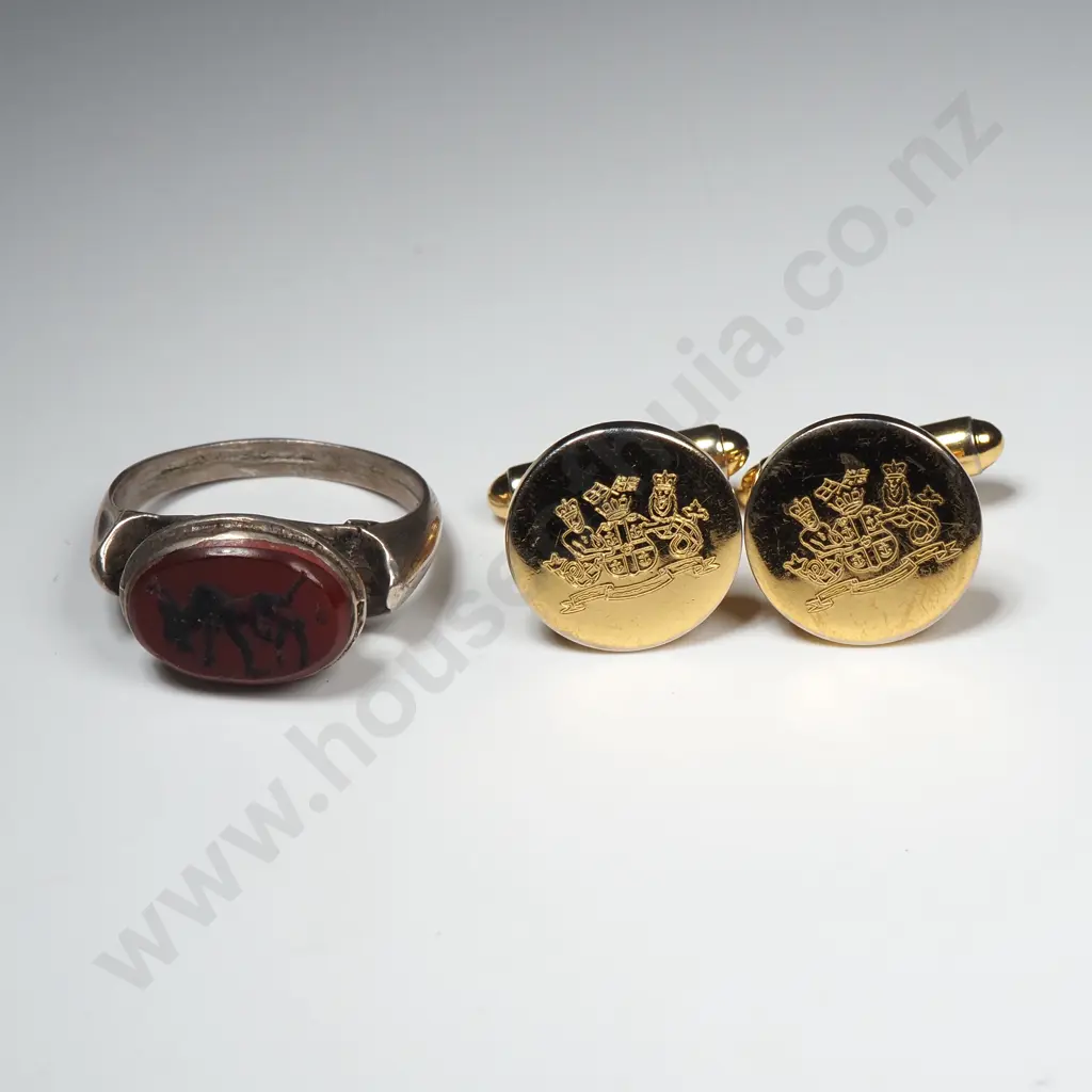 Gold Plated Cufflinks w Crest & Silver Tone Ring Oval Carnelian Intaglio Stone Image 1++