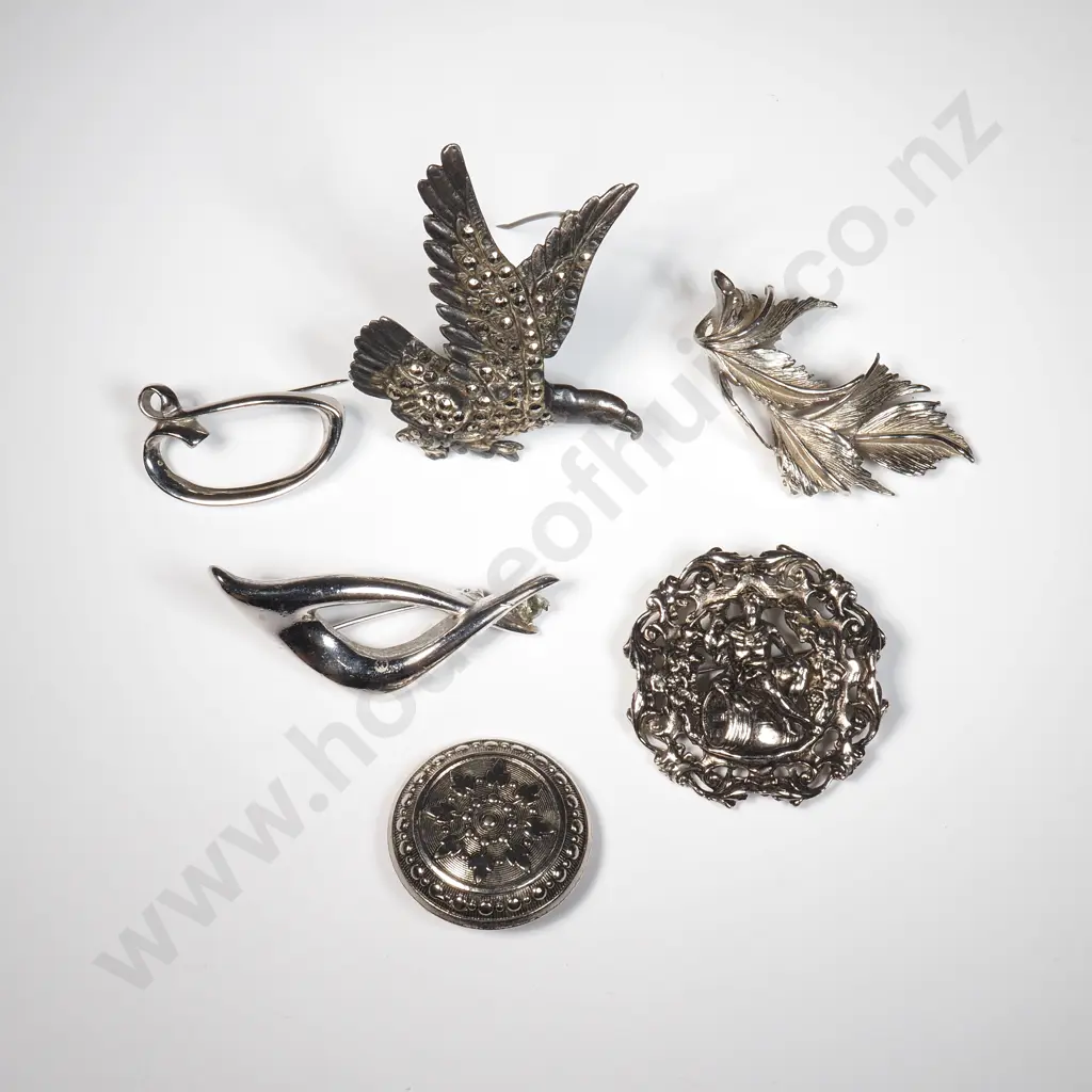 Six Silver Tone Costume Brooches, One w Traditional Norwegian Peer Gynt Folklore Motif Image 1++