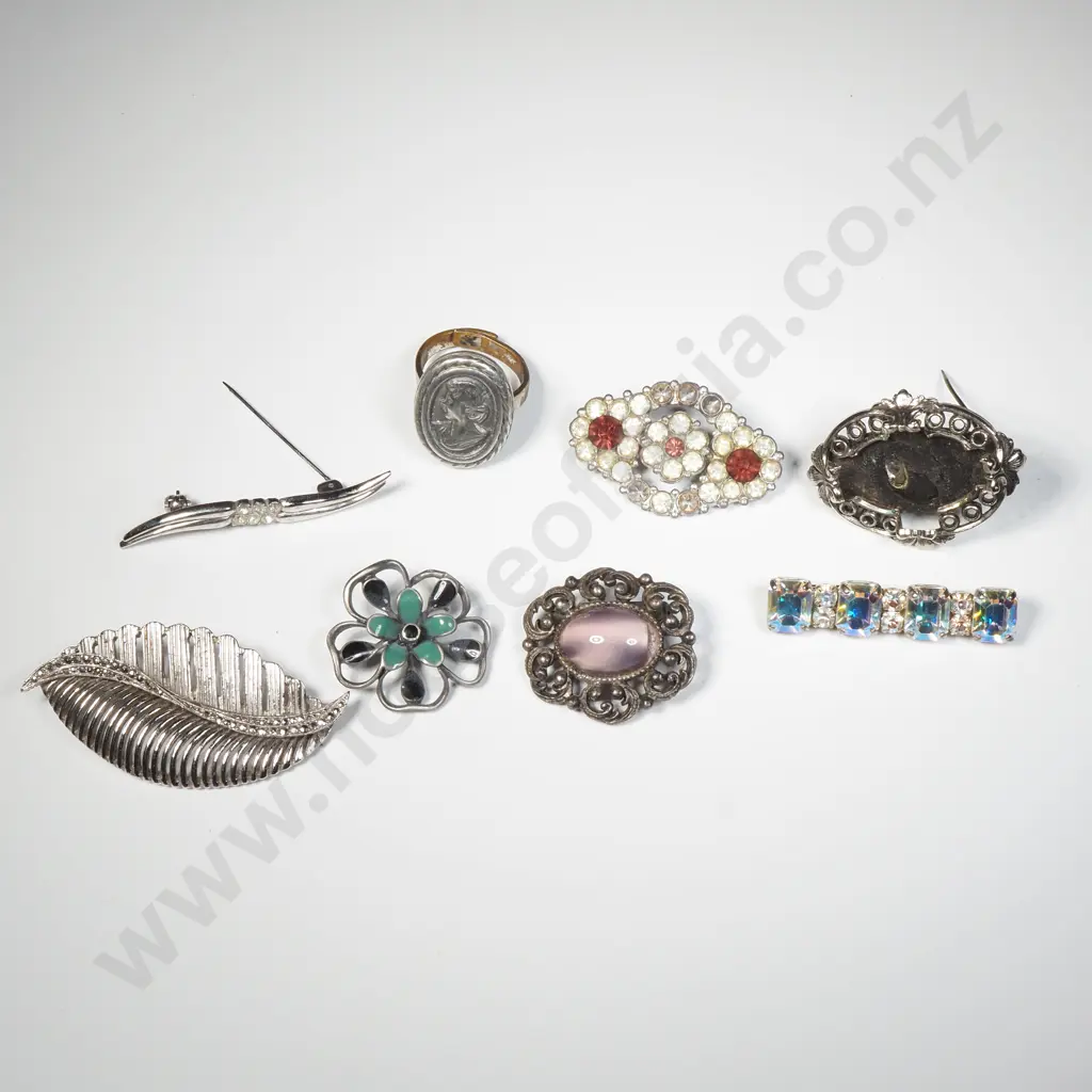 Six Silver Tone Costume  Brooches & Silver Toned Ring w Molded Cameo Image 1++