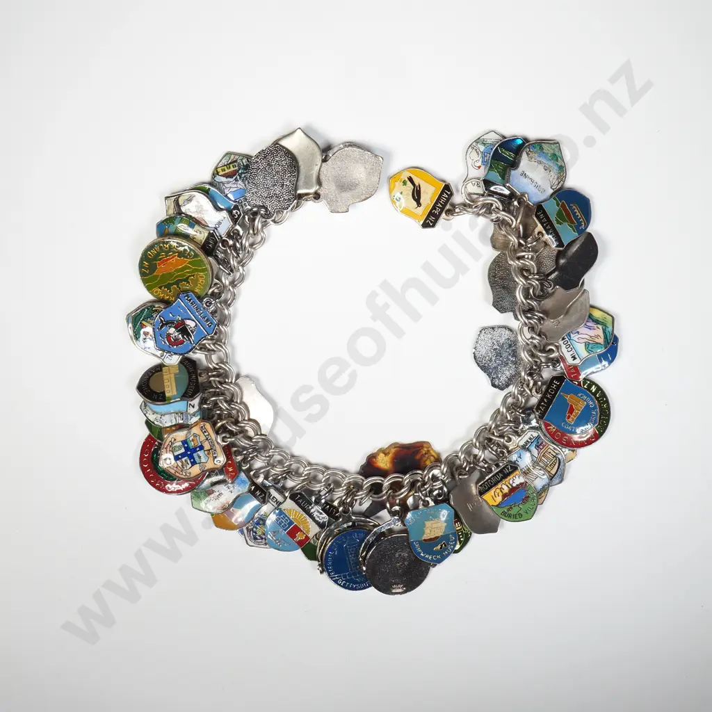 Sterling Silver Bracelet w Large Number of Various Enamel Base Metal Charms Image 1++