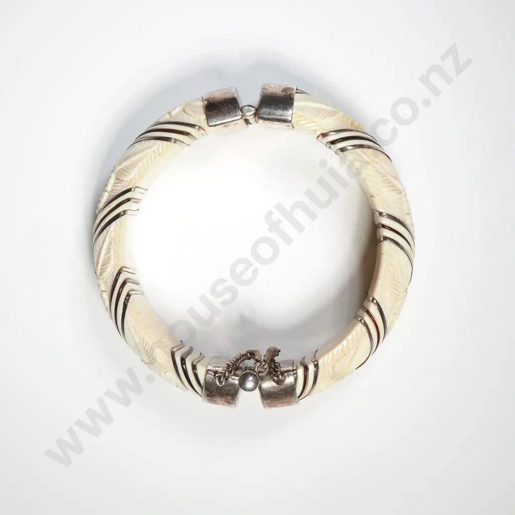 Vintage Carved Ivory Hinged Bangle w Leaves Divided by Striped Wire Details & Pin Closure Image 1++