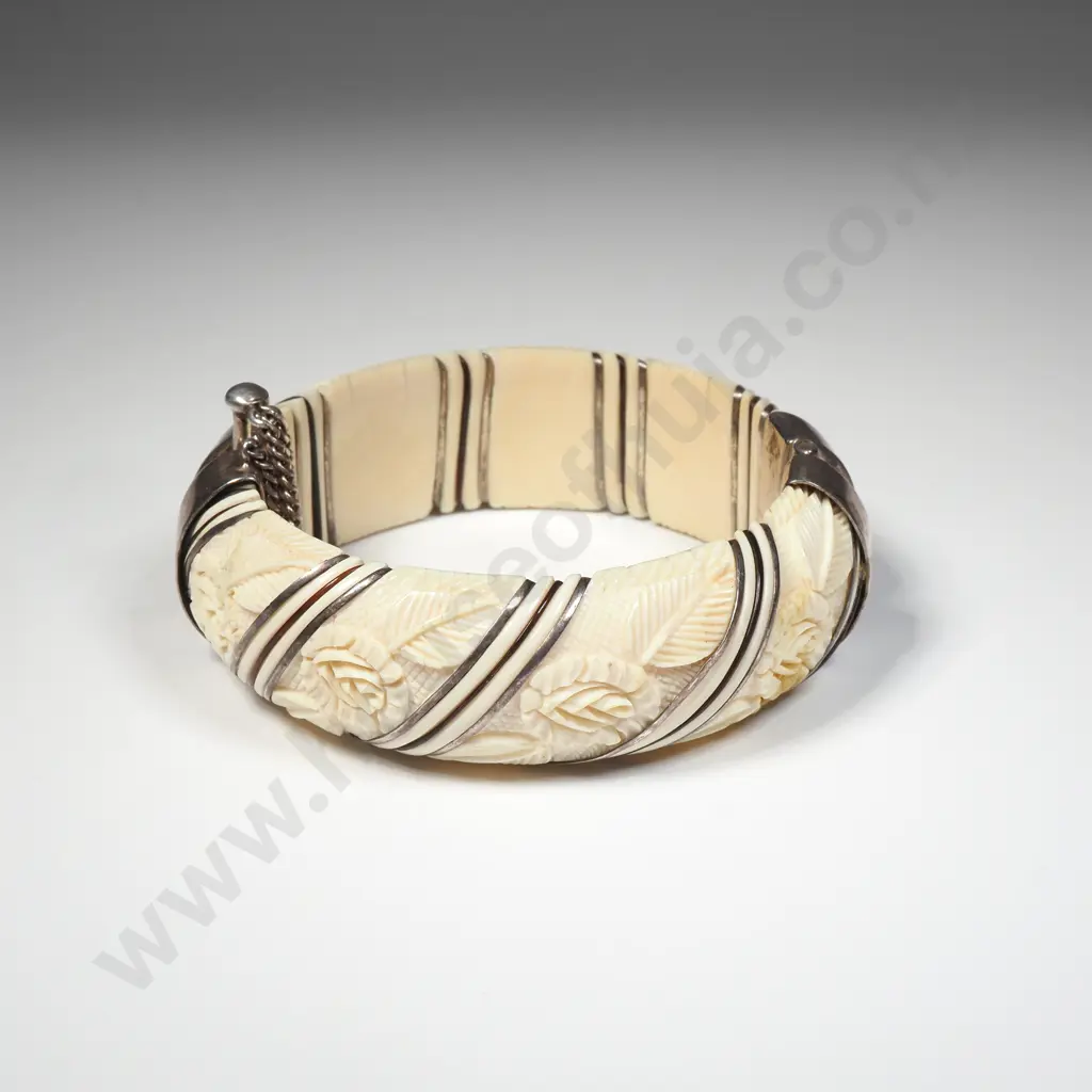 Vintage Carved Ivory Hinged Bangle w Leaves Divided by Striped Wire Details & Pin Closure Image 1++
