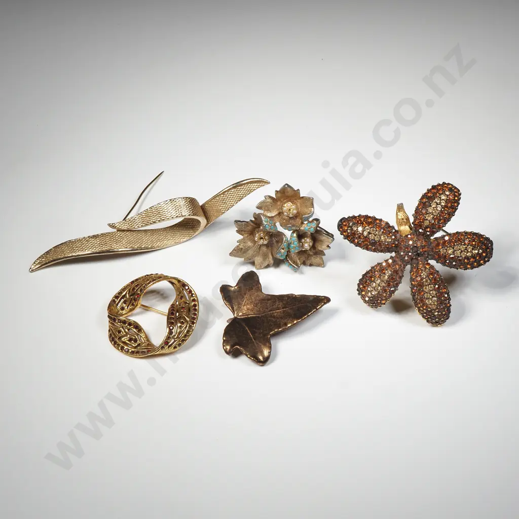 Five Gold Tone Brooches, Some Set w Stones Image 1++