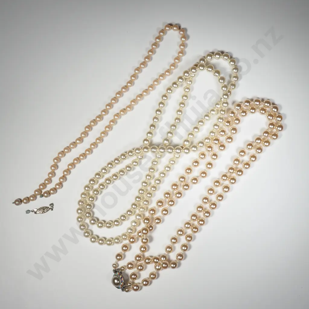 String of Individually Strong Simulated Pearls w Sterling Silver Clasp & Certificate Image 1++
