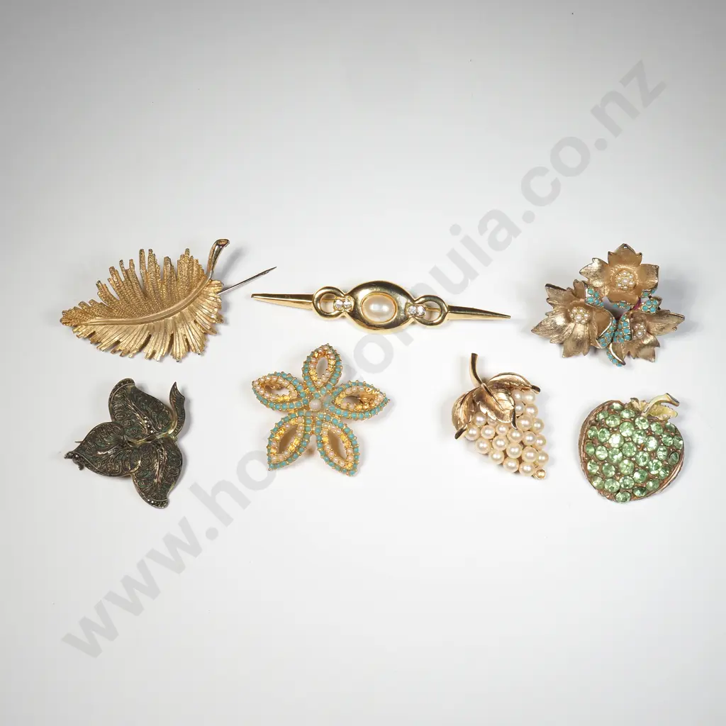 Seven Costume Gold Tone Brooches, Including Trifari Pearl Brooch in the  Form of A Grape Vine Image 1++