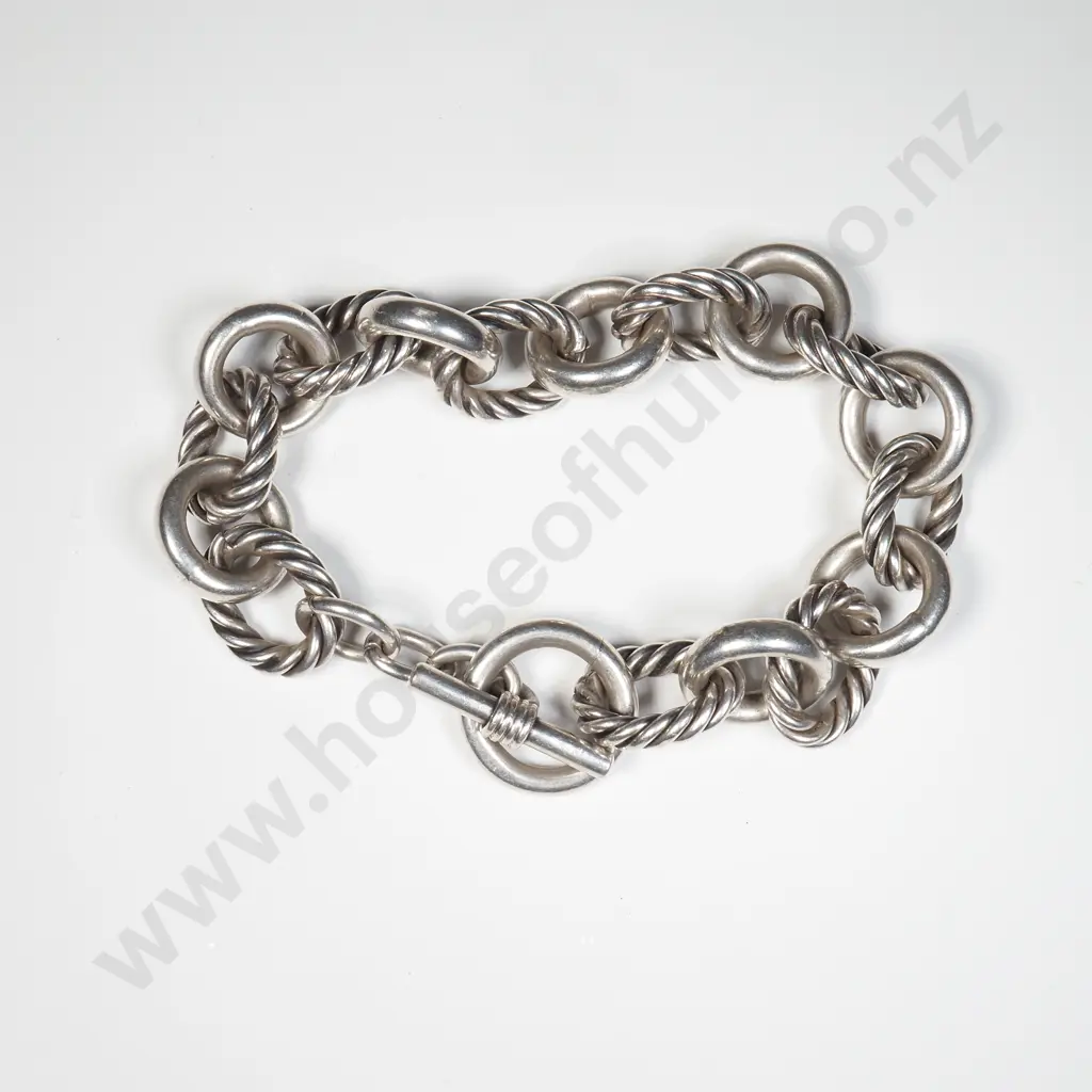Heavy Sterling Silver Bracelet w Twisted Cable Links & T Bar Image 1++