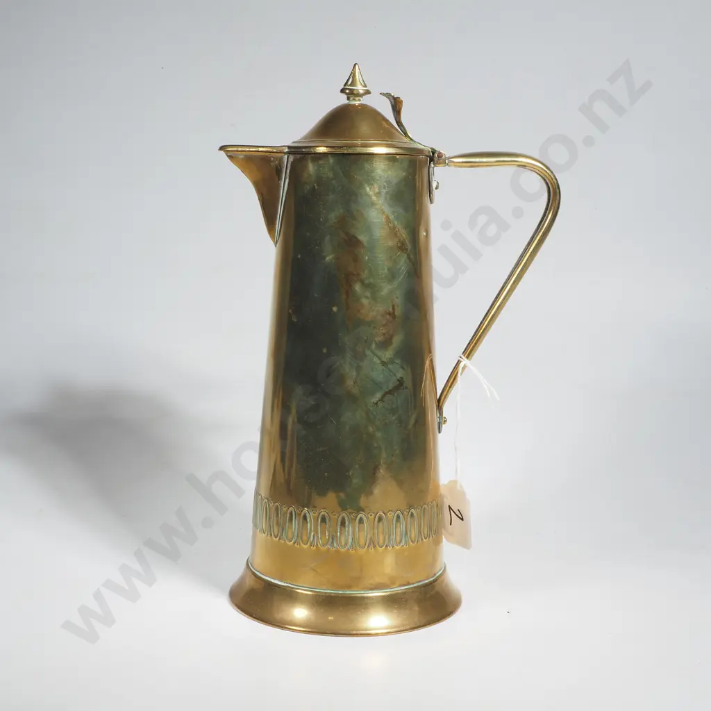Brass Lidded Jug w Tapered Body & Molded Ring Detail to Base Image 1++