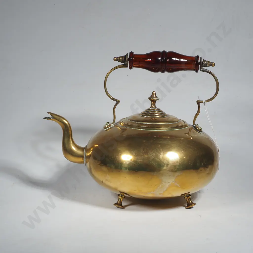 Round Brass Kettle w Amber Glass Handle Image 1++