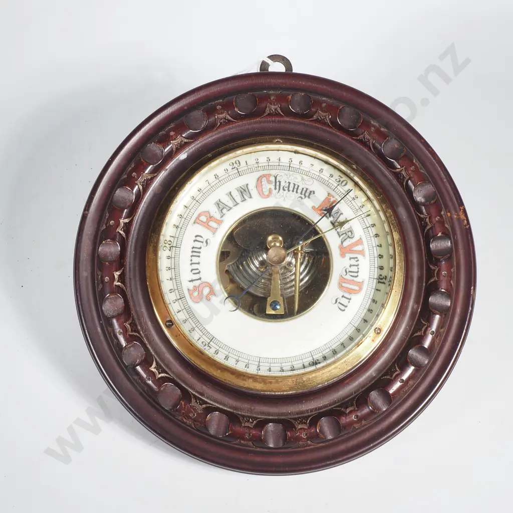Vintage Round Aneroid Wall Barometer w Carved Wooden Frame Image 1++