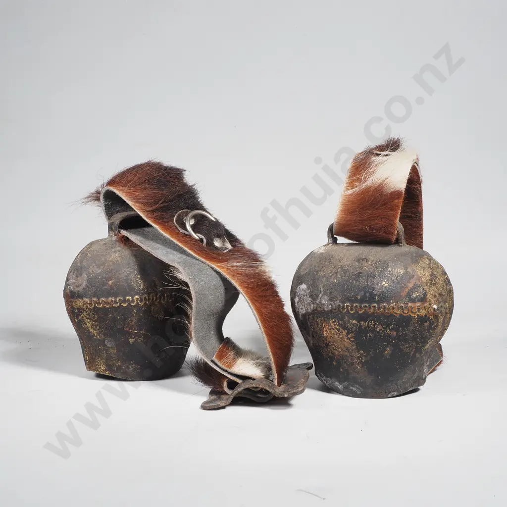 Vintage Pair of Alpine Cowbells - Fur Trimmed Leather Straps Image 1++