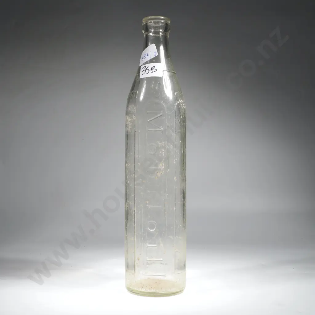 Clear Glass Mobiloil Embossed Imperial Quart Glass Oil Bottle w Embossed Vertical Lettering & Ribbed Side Panels Image 1++