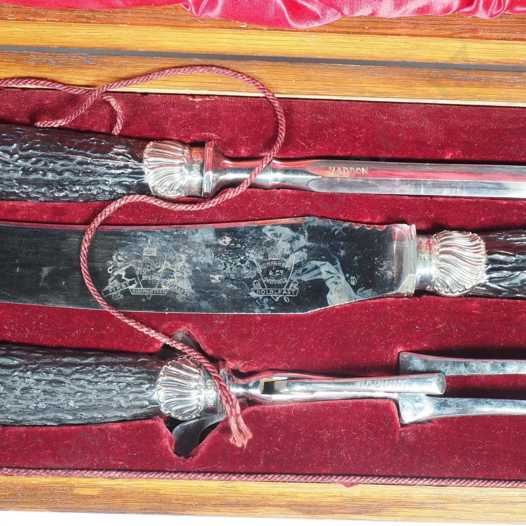 Antique Three Piece Cased Carving Set w Stag Horn Handles & Sterling Silver Ferrules in Original Oak Case Image 1++