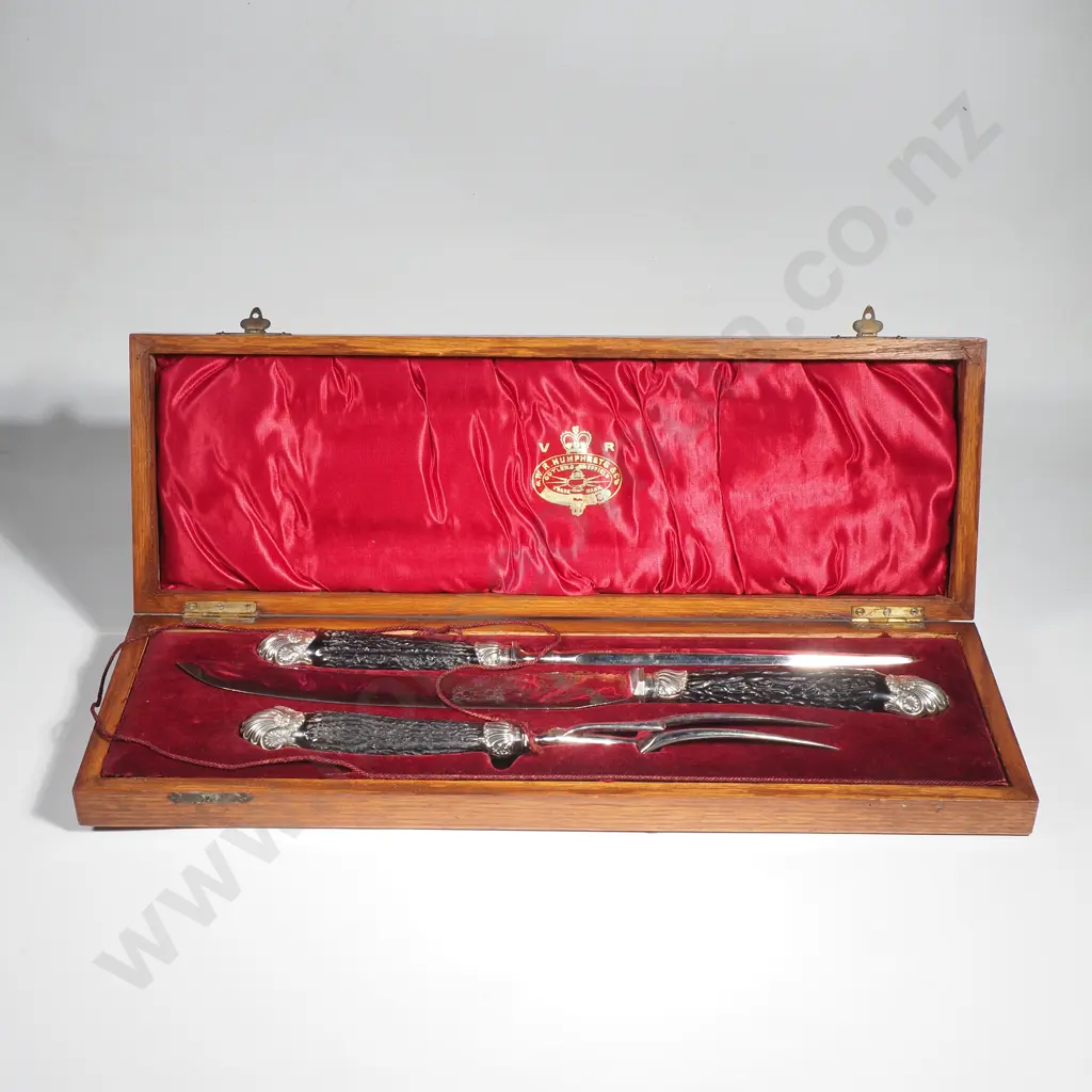 Antique Three Piece Cased Carving Set w Stag Horn Handles & Sterling Silver Ferrules in Original Oak Case Image 1++