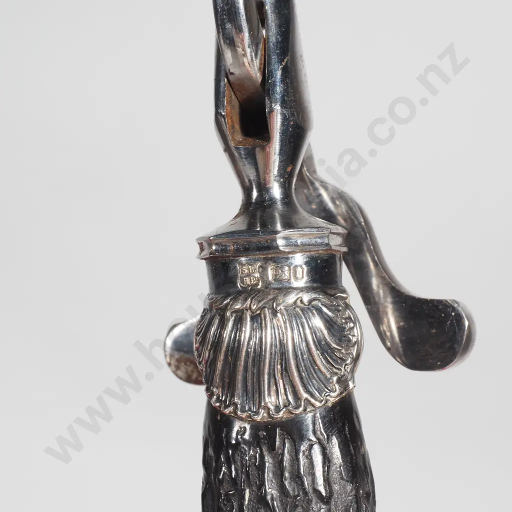 Antique Three Piece Cased Carving Set w Stag Horn Handles & Sterling Silver Ferrules in Original Oak Case Image 1++