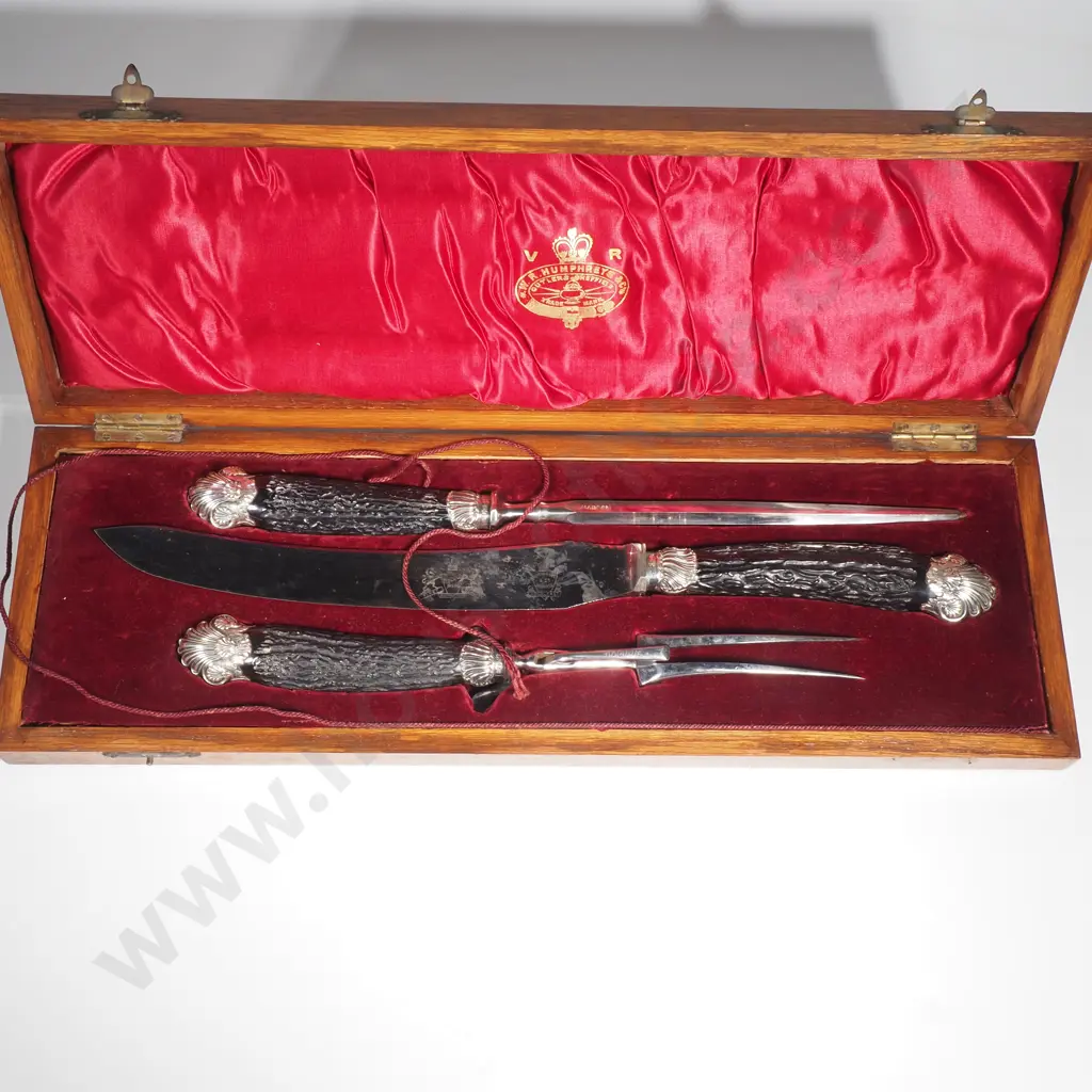 Antique Three Piece Cased Carving Set w Stag Horn Handles & Sterling Silver Ferrules in Original Oak Case Image 1++