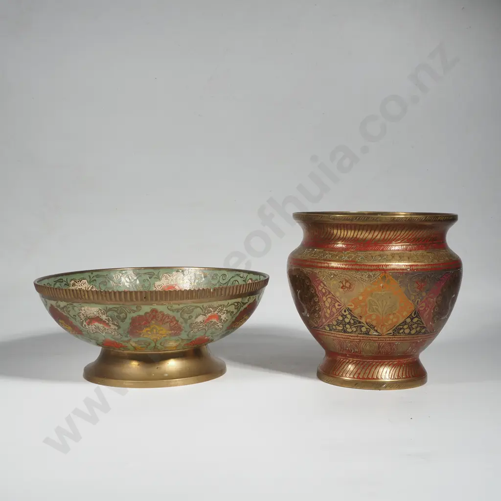 Vintage Indian Enameled Brass Bowl & Urn Image 1++