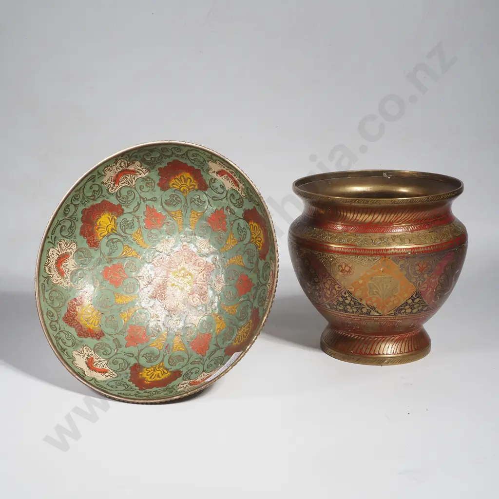Vintage Indian Enameled Brass Bowl & Urn Image 1++