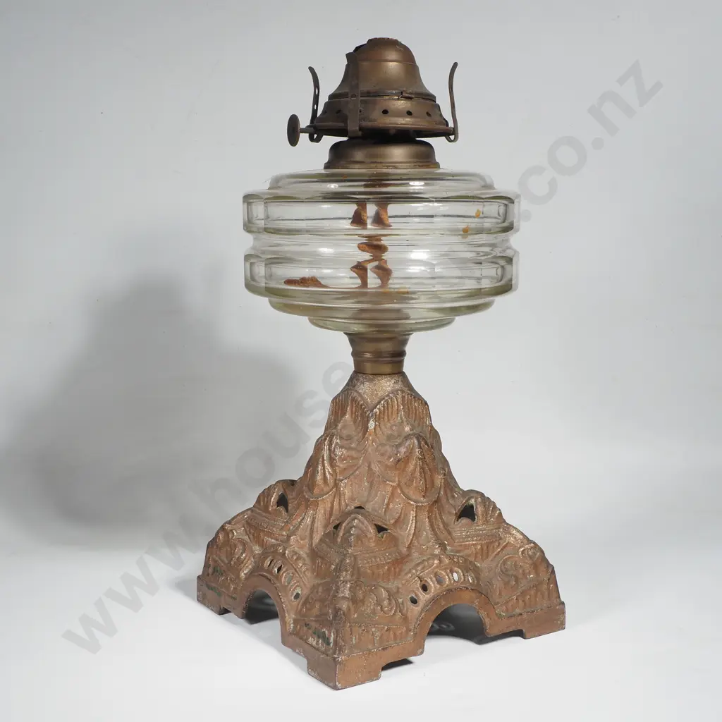 Antique Clear Glass & Cast Iron Kerosene Lamp - English Image 1++