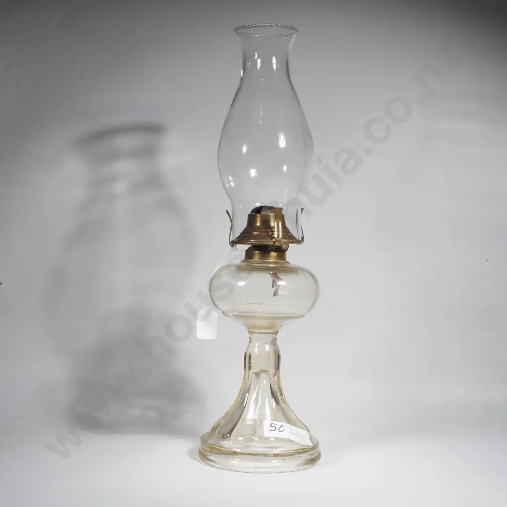 Vintage Clear Glass  Oil Lamp w a Fluted Pedestal Base & Chimney  & a Brass Burner Image 1++