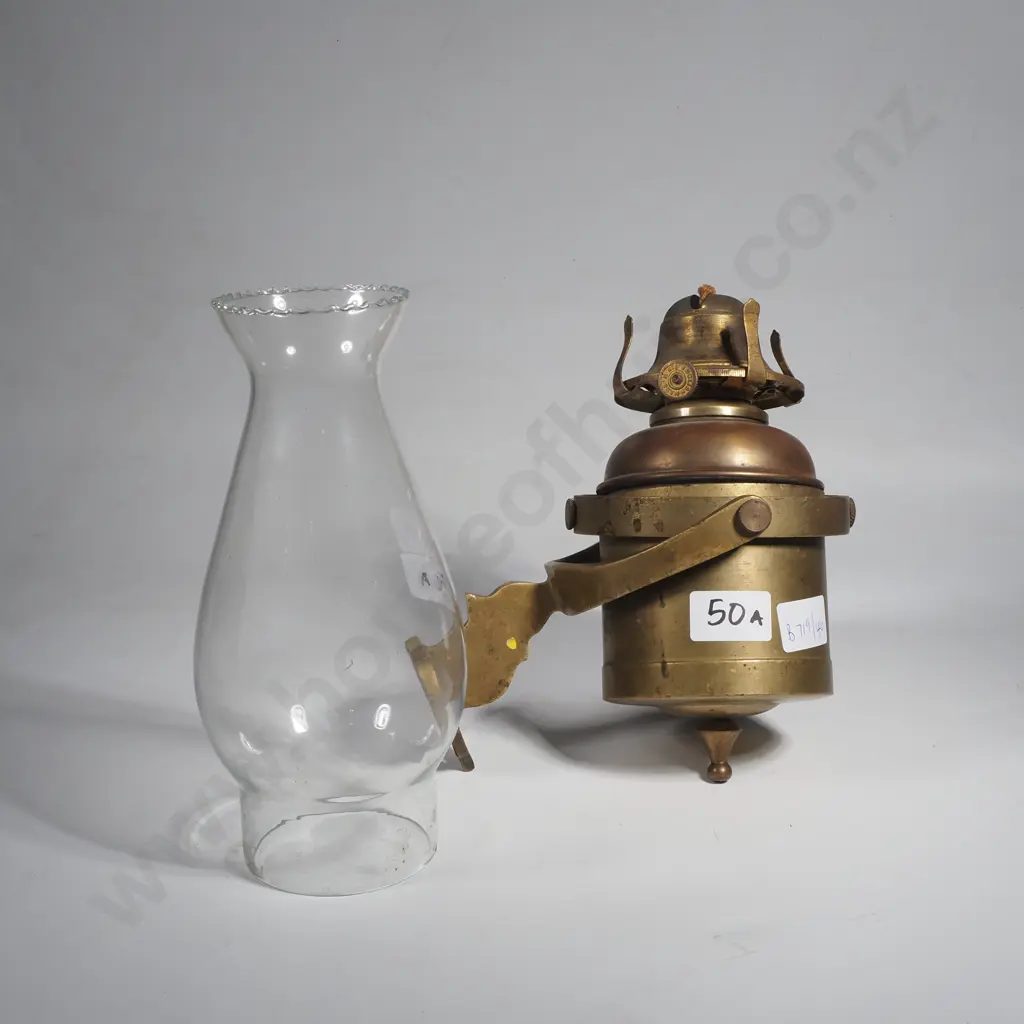 Vintage English Brass Gimbal Wall Mounte Oil or Kerosene Lamp with Glass Chimney Image 1++