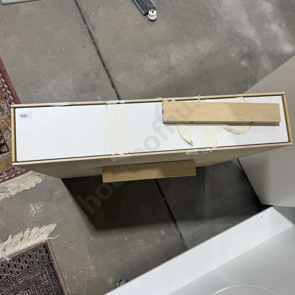 Modern Square Light Oak Coffee table w White Frieze Drawer Image 1++