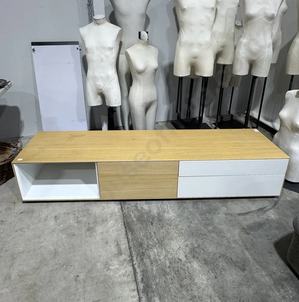 Modern Entertainment Console in Light  Oak w White Drawers & Cabinet Image 1++