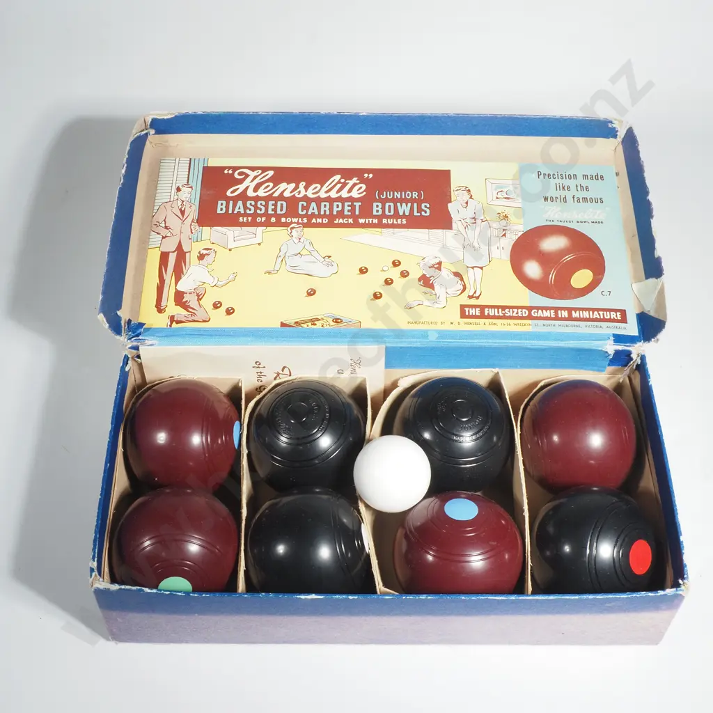 Vintage Boxed Set of Eight Henselite Carpet Bowls in Two Contrasting Colours  w Jack & Rules Image 1++