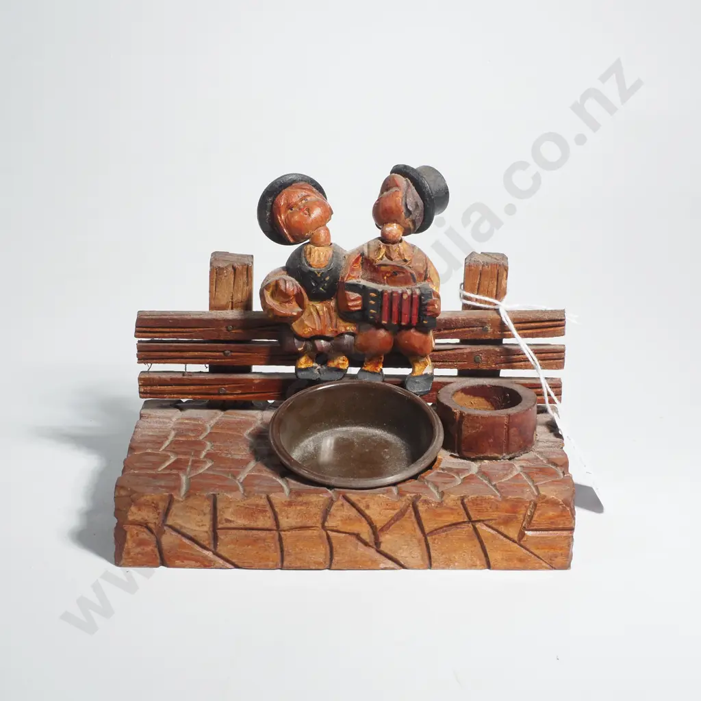 Vintage Alpine Style  Hand Carved Ashtray & Vesta Holder Depicting Two Figure on a Fence w Moveable Heads Image 1++