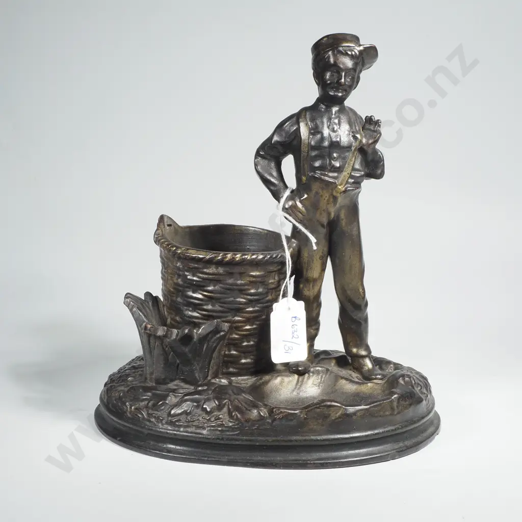 Vintage Patinated Spelter Figural Match Holder or Spill Vase Depicting a Young Street Urchin or Worker Image 1++