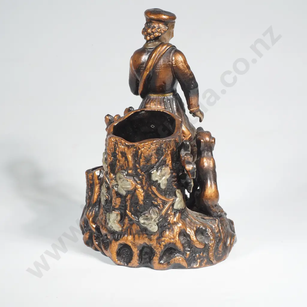 Terracotta Spill Holder in the form of a Scotsman in Kilt w Gundog & Gun & Brown Toned Patination , Marked 140 Image 1++