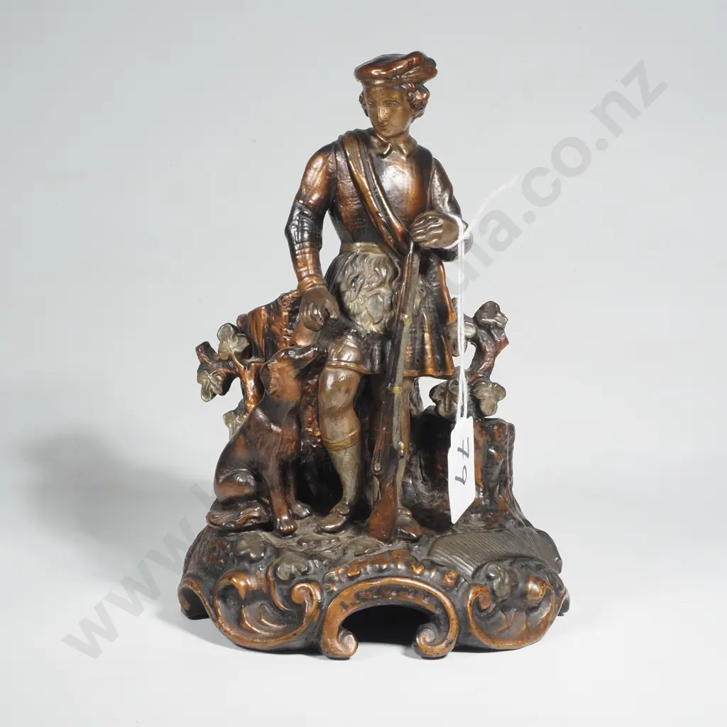 Terracotta Spill Holder in the form of a Scotsman in Kilt w Gundog & Gun & Brown Toned Patination , Marked 140 Image 1++