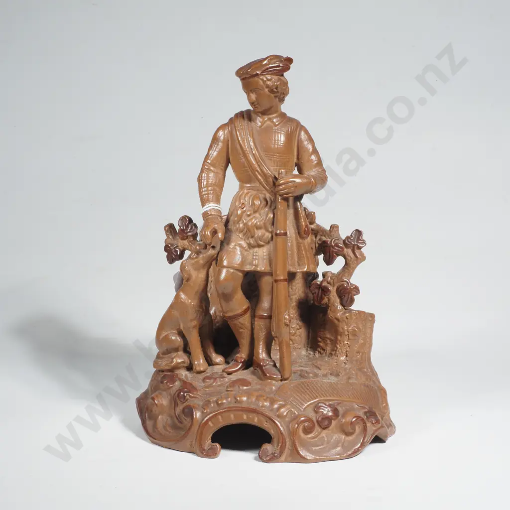Terracotta Spill Holder in the form of  a Scotsman in Kilt w Gundog & Gun, Marked HB & 140 Image 1++