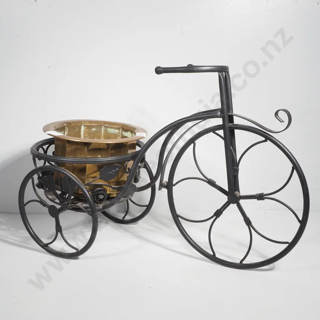 Tricycle Shaped Metal Plant Stand w Brass Planter Pot Image 1++